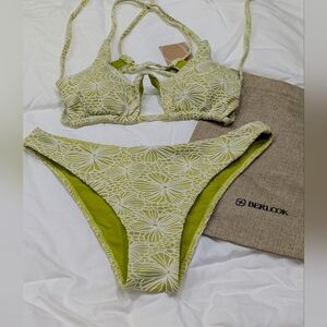 NWT /Berlook / Medium Large / Light Green Floral Jacquard Cut Out Bikini Set